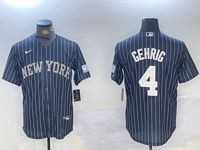 Men%27s New York Yankees #4 Lou Gehrig Navy Pinstripe Fashion Cool Base Jersey